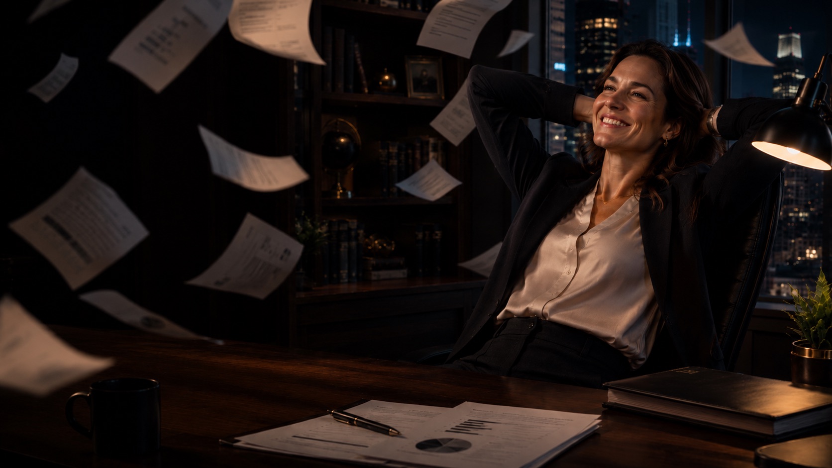 A business owner laughing as the paperwork lifts away, her sale closed