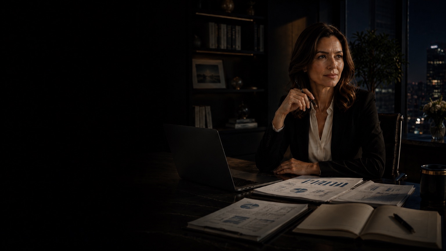 A business owner reviewing her valuation reports in a city-view office